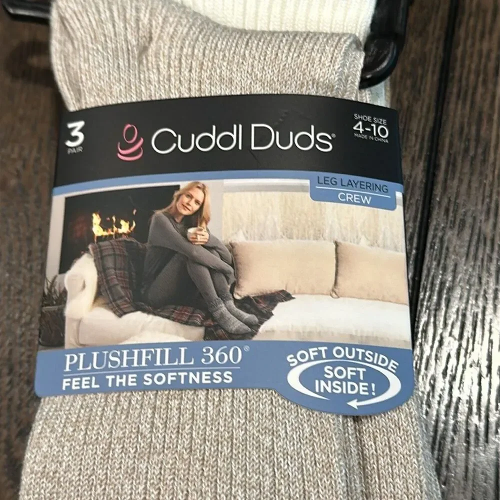 Cuddl Duds Plushfill 3-Pack Midweight Everyday Crew Socks NEW Taupe